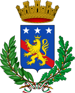 Armoiries héraldiques de Potenza : lion d'or, étoiles, couronne de murailles, branches de laurier, drapeau italien.