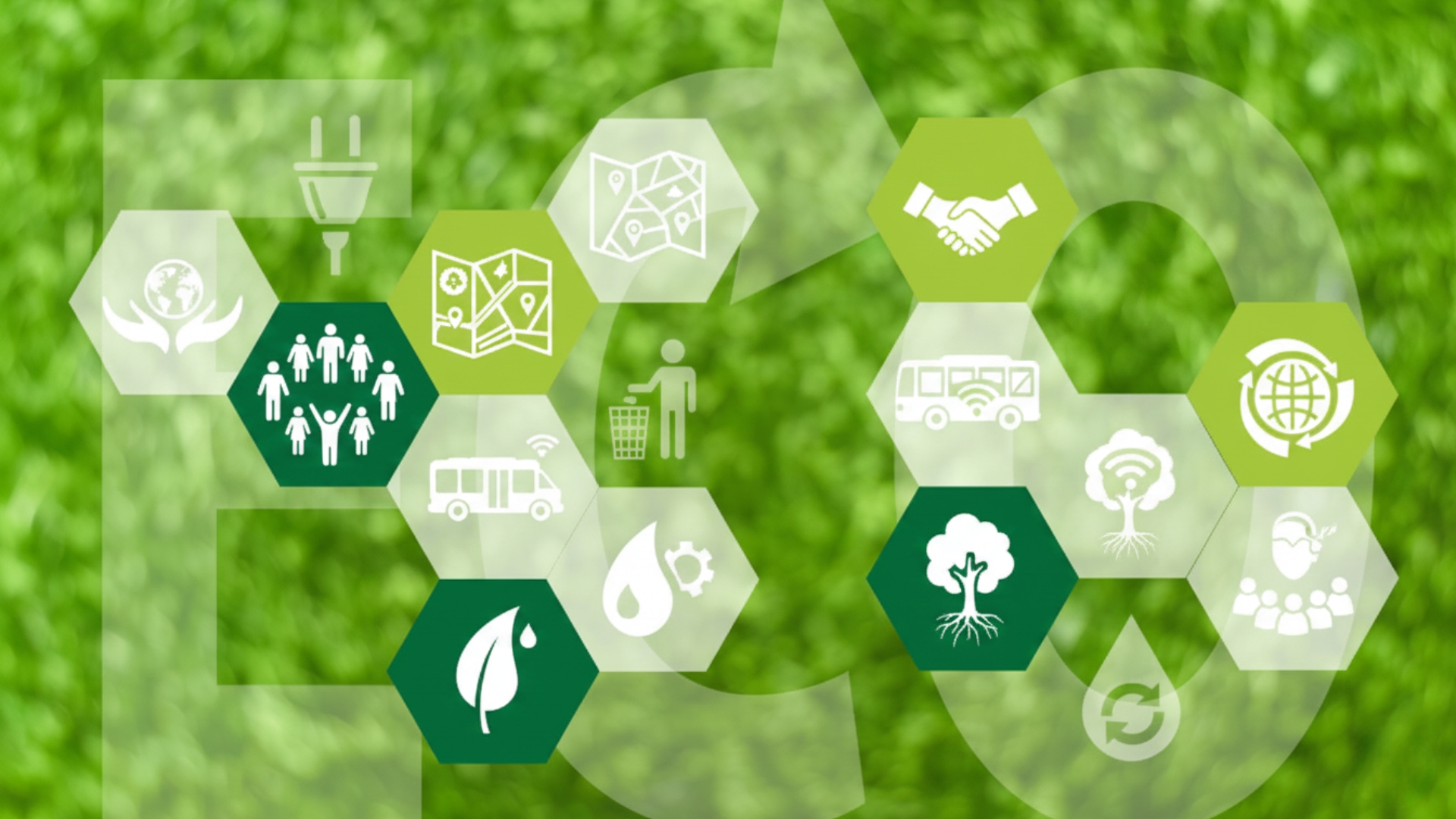 Icone simboliche di sostenibilità e impegno sociale, inclusi energia verde, gestione dei rifiuti, inclusività, trasporto sostenibile e responsabilità ambientale.