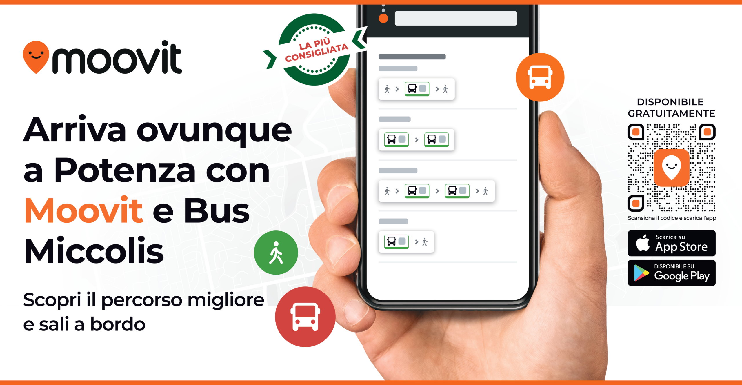 Banner promozionale Moovit e Bus Miccolis per la mobilità a Potenza con smartphone che mostra percorsi autobus, QR code per il download dell’app e icone di camminata e bus.