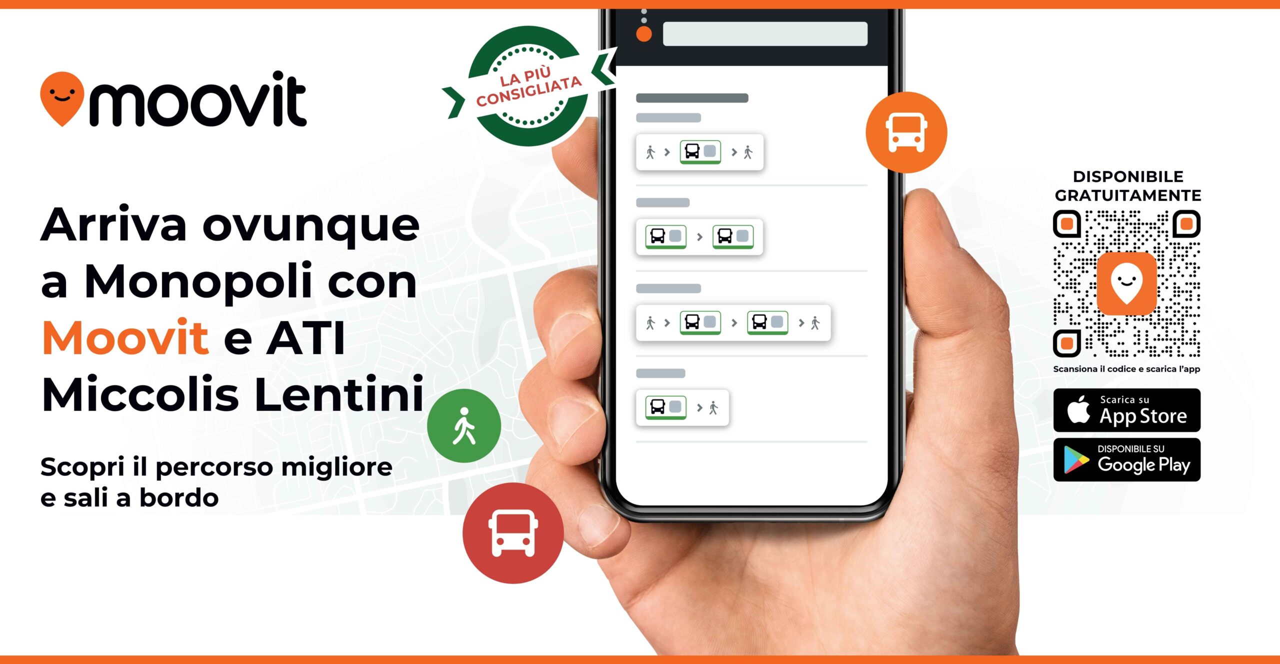 Banner promozionale Moovit e ATI Miccolis Lentini per il trasporto pubblico a Monopoli con smartphone, QR code per scaricare l’app e icone autobus.